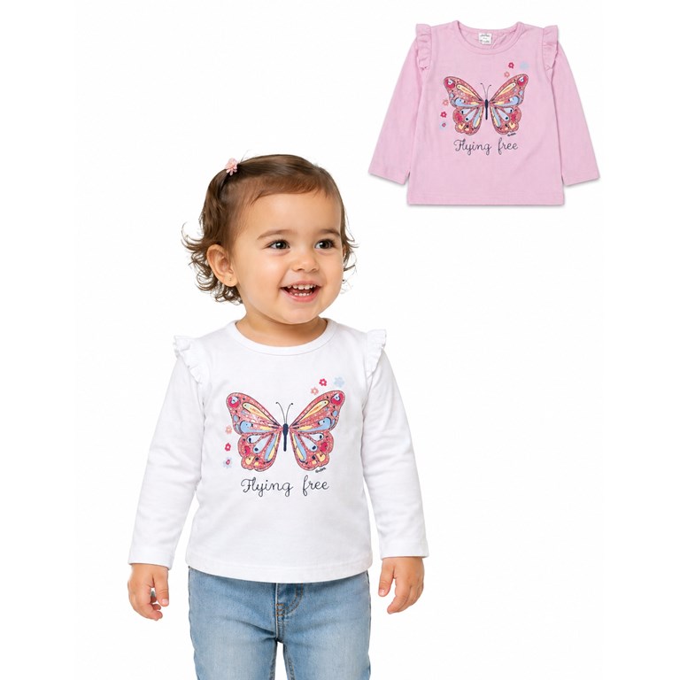 REMERA PARA BEBA MANGA LARGA CON VOLADO Y ESTAMPA MARIPOSA. RUABEL