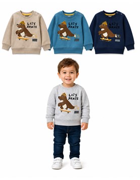 BUZO DE FRISA PARA BEBE CON PUÑO, ESTAMPA OSO EN SKATE. RUABEL