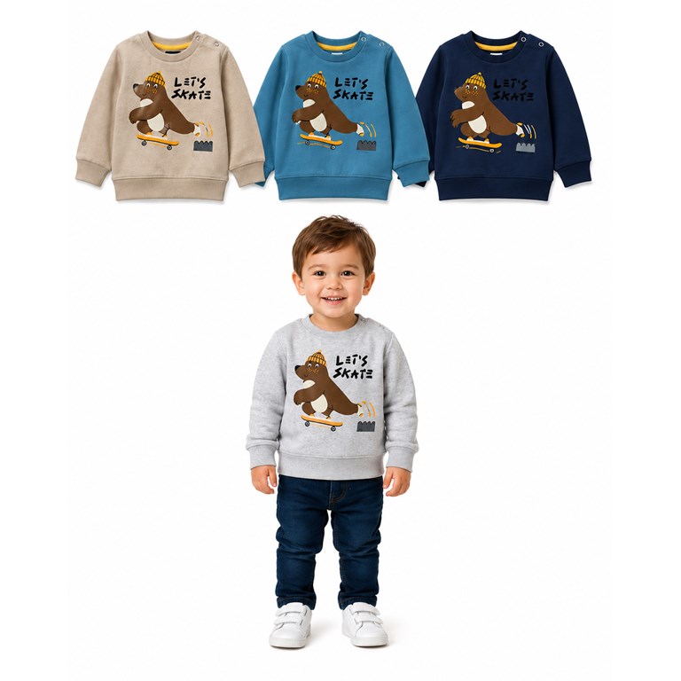 BUZO DE FRISA PARA BEBE CON PUÑO, ESTAMPA OSO EN SKATE. RUABEL