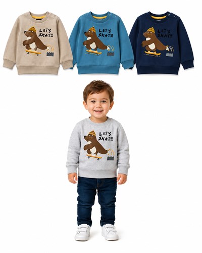 BUZO DE FRISA PARA BEBE CON PUÑO, ESTAMPA OSO EN SKATE. RUABEL