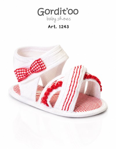 SANDALIA CRUZADA BLANCA VOLADO-MOÑO CUADRILLE  ROJO PARA BEBA. GORDITOO