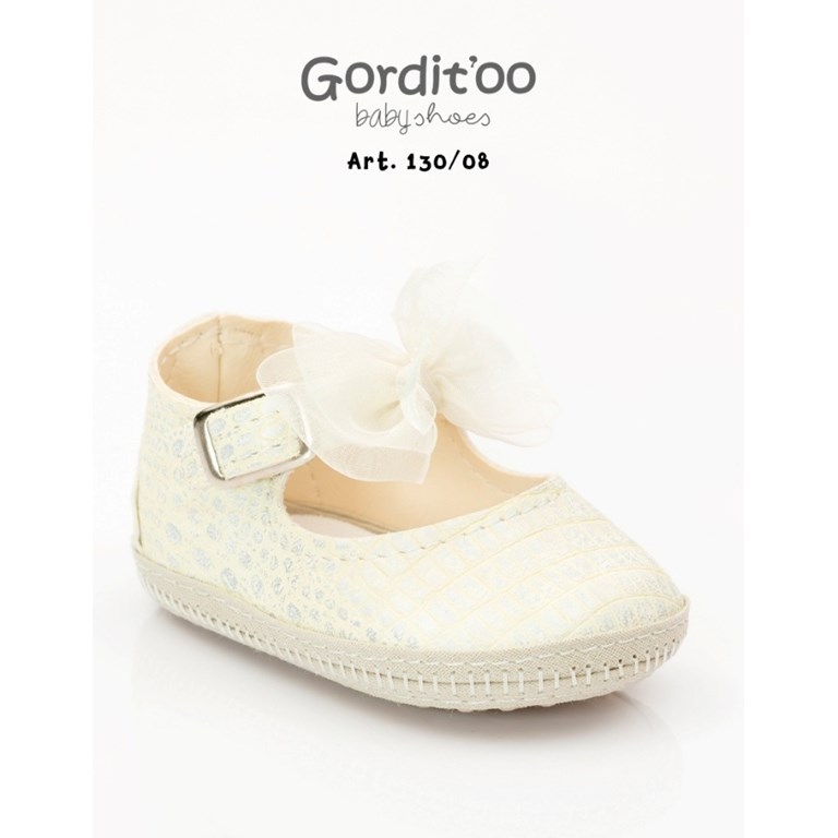 zapato beba perlado champagne con moño doble talon goorditoo
