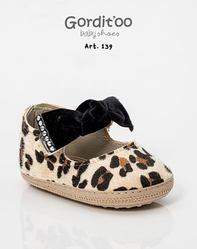 ZAPATO BEBA PIEL ANIMAL PRINT+MOÑO TERCIOPELO NEGRO . GORDITTO.