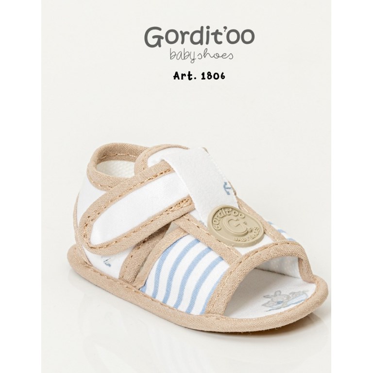 sandalia bebe dibujos celeste y marron con escudo gorditoo