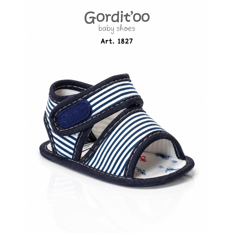 SANDALIA PARA BEBE ESTAMPA RAYAS AZUL. CON ABROJO. GORDITOO