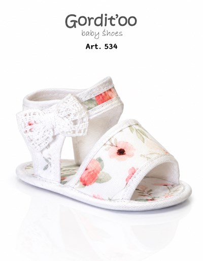 SANDALIA PARA BEBA ESTAMPA ROSAS. APLIQUE MOÑO PUNTILLA BLANCO. GORDITOO