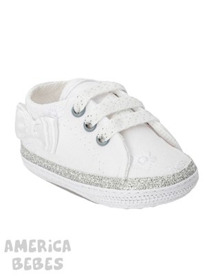 ZAPATILLA BBA BRODERIE BLANCO CON MOÑO Y CORAZON EN PLATA GORDITOO