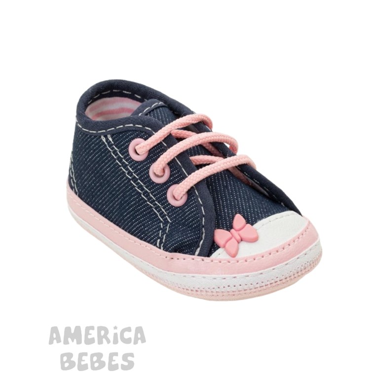 ZAPATILLA JEAN AZUL CON DETALLE EN ROSA BEBE+MOÑO. Gorditoo.