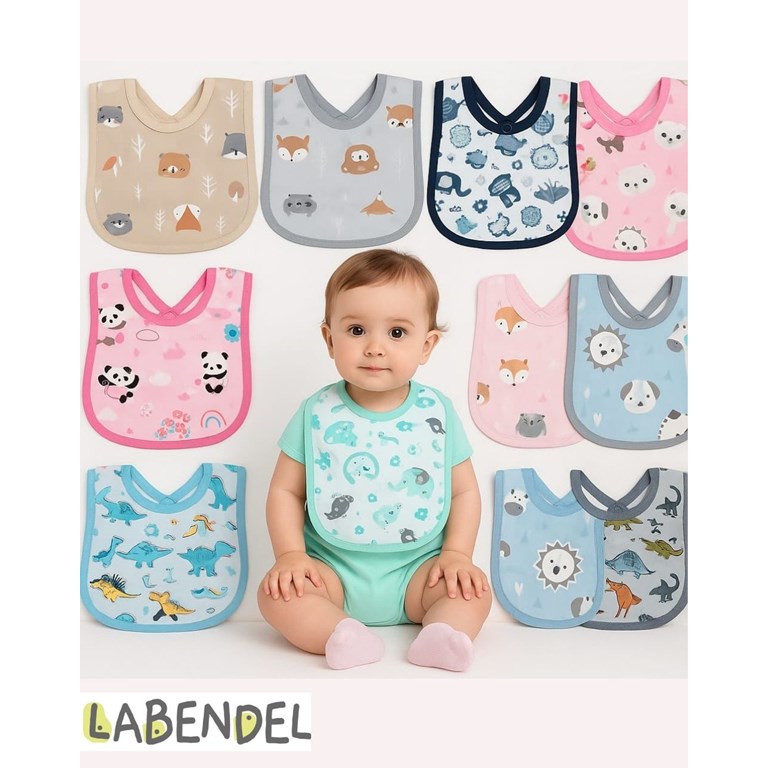 BABERO CON PLASTICO IMPERMEABLE ATRAS. MEDIDA: CHICA. COLORES SURTIDOS. LABENDEL