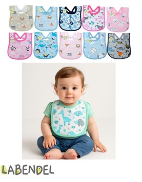 BABERO CON PLASTICO IMPERMEABLE ATRAS. MEDIDA: CHICA. COLORES SURTIDOS. LABENDEL