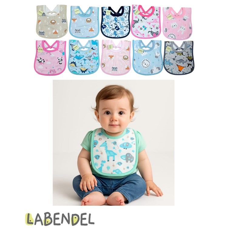 BABERO CON PLASTICO IMPERMEABLE ATRAS. MEDIDA: CHICA. COLORES SURTIDOS. LABENDEL