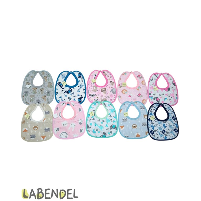 BABERO CON PLASTICO IMPERMEABLE ATRAS. MEDIDA: MEDIANO. COLORES SURTIDOS. LABENDEL