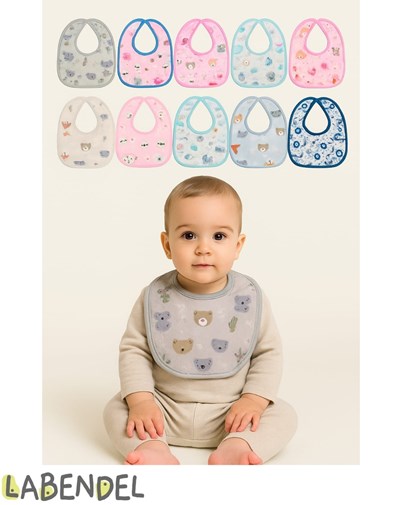 BABERO CON PLASTICO IMPERMEABLE ATRAS. MEDIDA: MEDIANO. COLORES SURTIDOS. LABENDEL