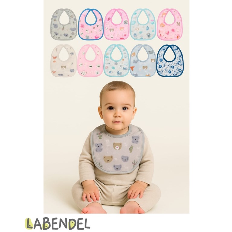 BABERO CON PLASTICO IMPERMEABLE ATRAS. MEDIDA: MEDIANO. COLORES SURTIDOS. LABENDEL