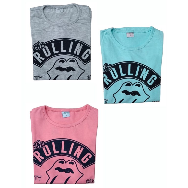 REMERA MANGA CORTA ESTAMPA 'ROLLING' NENA. COLORES: ROSA JASPEADO-AQUA-GRIS-SALMON. EL NUDO DE LA FOTO ES ILUSTRATIVO. LABENDEL