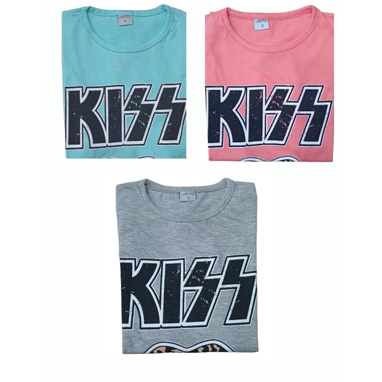 REMERA MANGA CORTA ESTAMPA 'KISS' NENA. COLORES: ROSA JASPEADO-AQUA-GRIS-SALMON. El nudo de la foto es ilustrativo. LABENDEL