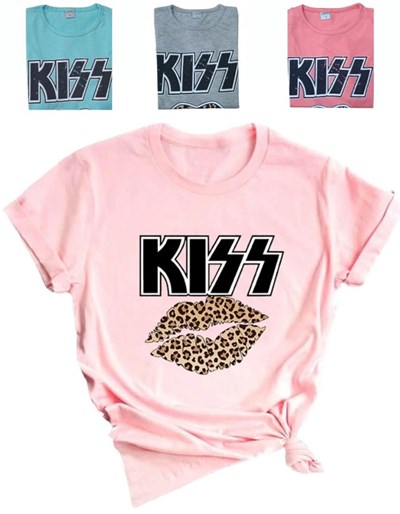REMERA MANGA CORTA ESTAMPA 'KISS' NENA. COLORES: ROSA JASPEADO-AQUA-GRIS-SALMON. El nudo de la foto es ilustrativo. LABENDEL