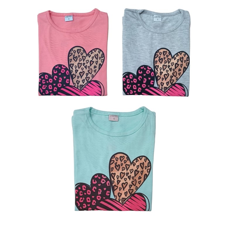 REMERA MANGA CORTA ESTAMPA 'TRES CORAZONES' NENA. COLORES: ROSA JASPEADO-AQUA-GRIS-SALMON. LABENDEL