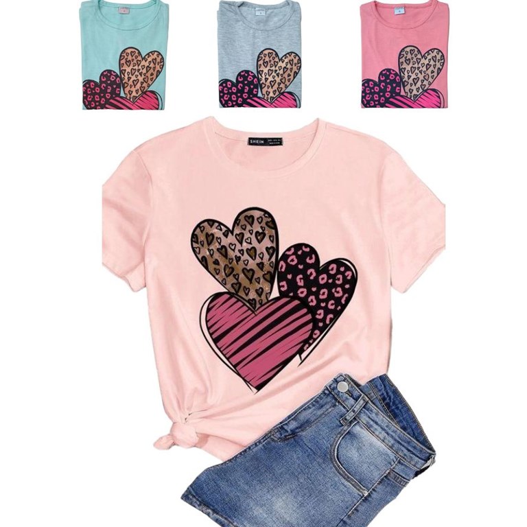 REMERA MANGA CORTA ESTAMPA 'TRES CORAZONES' NENA. COLORES: ROSA JASPEADO-AQUA-GRIS-SALMON. LABENDEL