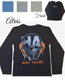 Remera Varon Manga larga algodon premium estampa 'Music Festival'. Colores: Negra-Gris-azulino-camel. Labendel