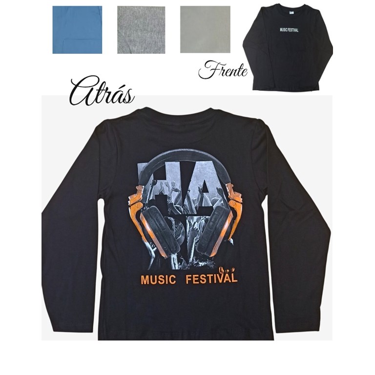 Remera Varon Manga larga algodon premium estampa 'Music Festival'. Colores: Negra-Gris-azulino-camel. Labendel