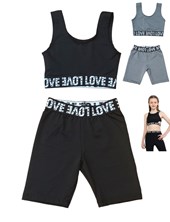 CONJUNTO: (TOP + BIKER) LISO CON ELASTICO 'LOVE'. COLORES: NEGRO - GRIS. LABENDEL