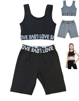 CONJUNTO: (TOP + BIKER) LISO CON ELASTICO 'LOVE'. COLORES: NEGRO - GRIS. LABENDEL