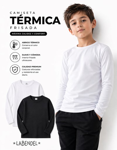 PROMO! Camiseta termica frisada calidad premium. Para nena o varon. Colores: Blanco - Negro. Labendel