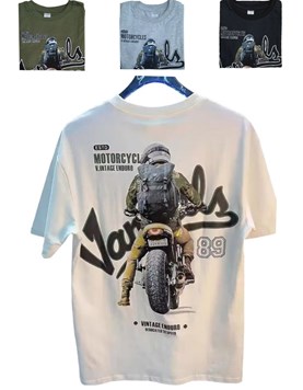 Remera manga corta estampa 'moto' Varon. Colores: Blanco-Negro-Gris-Verde militar. Labendel