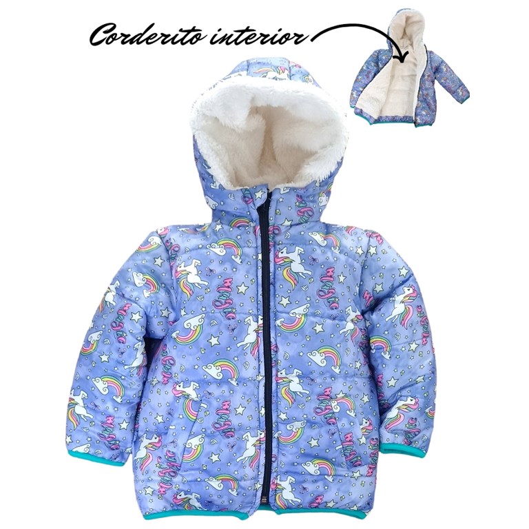 CAMPERA PARA BEBA ESTAMPADA UNICORNIOS CON CAPUCHA Y FORRADA EN PIEL LABENDEL