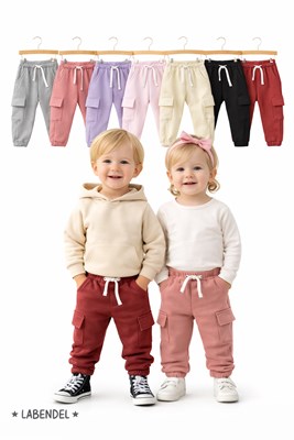 PANTALON JOGGER CARGO FRISA PREMIUM PARA  BEBE y BEBA  CON CORDON EN CINTURA REGULABLE. COLORES: NEGRO-GRIS-ROSA-BEIGE-LILA,ROSA VIEJO-GRIS MELANGE-BORDO. LABENDEL