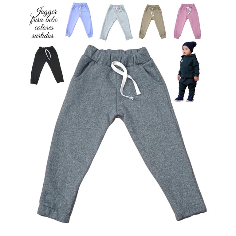 PANTALON JOGGER FRISA PREMIUM PARA BEBE Y BEBA, CON PUÑO ELASTICO CON BOLSILLOS Y CORDON EN CINTURA . COLORES: BEIGE OSCURO-ROSA OSCURO-NEGRO-GRIS OSCURO-GRIS MELANGE-AZUL-LILA. LABENDEL