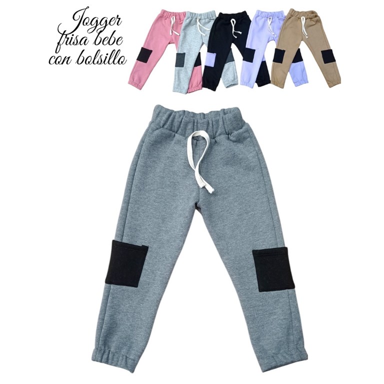 PANTALON JOGGER CARGO FRISA PREMIUM PARA BEBE Y BEBA, CON PUÑO ELASTICO CON BOLSILLOS Y CORDON EN CINTURA . COLORES COMBINADOS DE BOLSILLO: BEIGE OSCURO-ROSA OSCURO-NEGRO-GRIS OSCURO-GRIS MELANGE-AZUL-LILA. LABENDEL