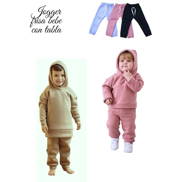 PANTALON JOGGER FRISA PREMIUM  CON TABLAS ADELANTE PARA BEBE Y BEBA, CON PUÑO ELASTICO CON BOLSILLOS Y CORDON EN CINTURA . COLORES: BEIGE OSCURO-ROSA OSCURO-NEGRO-GRIS OSCURO-GRIS MELANGE-LILA. LABEND