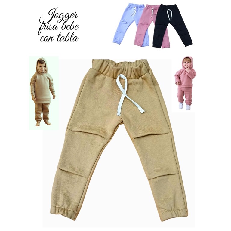 PANTALON JOGGER FRISA PREMIUM  CON TABLAS ADELANTE PARA BEBE Y BEBA, CON PUÑO ELASTICO CON BOLSILLOS Y CORDON EN CINTURA . COLORES: BEIGE OSCURO-ROSA OSCURO-NEGRO-GRIS OSCURO-GRIS MELANGE-LILA. LABEND