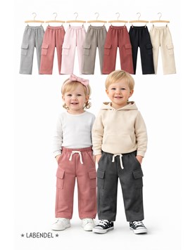 PANTALON CARGO RECTO DE FRISA PREMIUM PARA BEBE Y BEBA, CON APLIQUE CORDON EN CINTURA.  COLORES: NEGRO-GRIS- ROSA-LILA- BEIGE-ROSA VIEJO-GRIS MELANGE- BORDO. LABENDEL