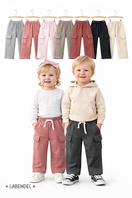 PANTALON CARGO RECTO DE FRISA PREMIUM PARA BEBE Y BEBA, CON APLIQUE CORDON EN CINTURA.  COLORES: NEGRO-GRIS- ROSA-LILA- BEIGE-ROSA VIEJO-GRIS MELANGE- BORDO. LABENDEL