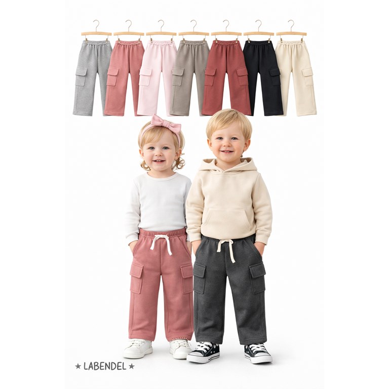 PANTALON CARGO RECTO DE FRISA PREMIUM PARA BEBE Y BEBA, CON APLIQUE CORDON EN CINTURA.  COLORES: NEGRO-GRIS- ROSA-LILA- BEIGE-ROSA VIEJO-GRIS MELANGE- BORDO. LABENDEL