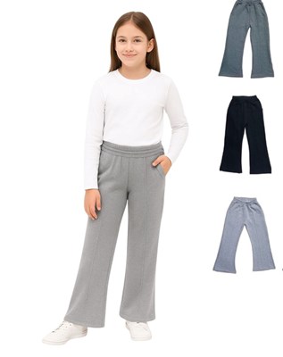 Pantalon tipo campana frisa premium de nena con franja media.  Colores: negro, lila, gris claro, rosa, jaspeado Labendel