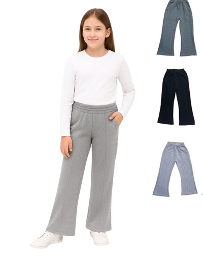 Pantalon tipo campana frisa premium de nena con franja media.  Colores: negro, lila, gris claro, rosa, jaspeado Labendel