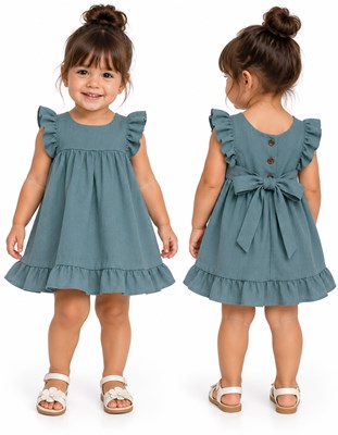 Vestido COLOR PETROLEO beba tusor premium con volados en pechera y ruedo. Labendel