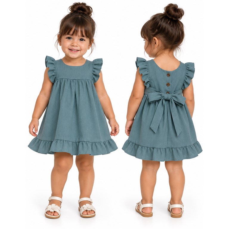 Vestido COLOR PETROLEO beba tusor premium con volados en pechera y ruedo. Labendel