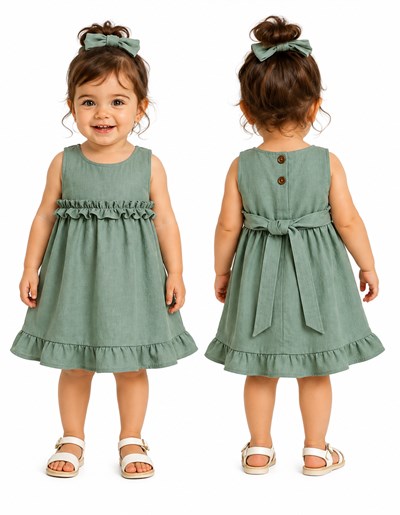Vestido COLOR OLIVA beba tusor premium con volados en cintura y ruedo. Labendel