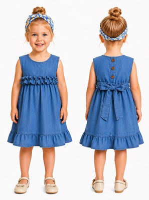 Vestido COLOR JEAN beba tusor premium con volados en cintura y ruedo. Labendel