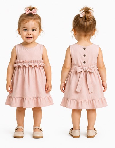 Vestido COLOR ROSA BB beba tusor premium con volados en cintura y ruedo. Labendel