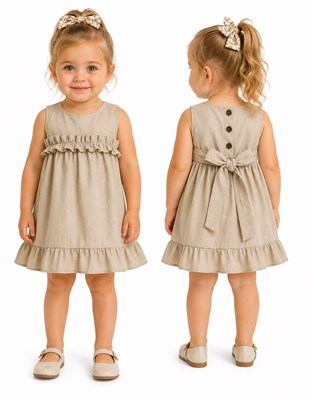 Vestido COLOR BEIGE beba tusor premium con volados en cintura y ruedo. Labendel