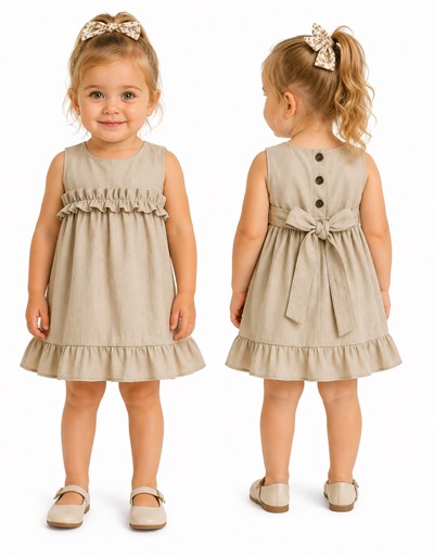 Vestido COLOR BEIGE beba tusor premium con volados en cintura y ruedo. Labendel