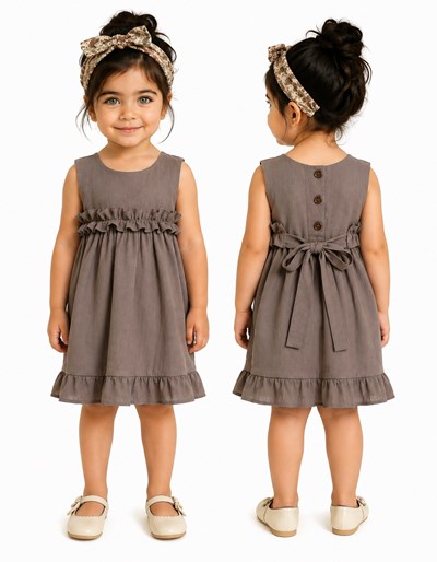 Vestido COLOR TOSTADO beba tusor premium con volados en cintura y ruedo. Labendel