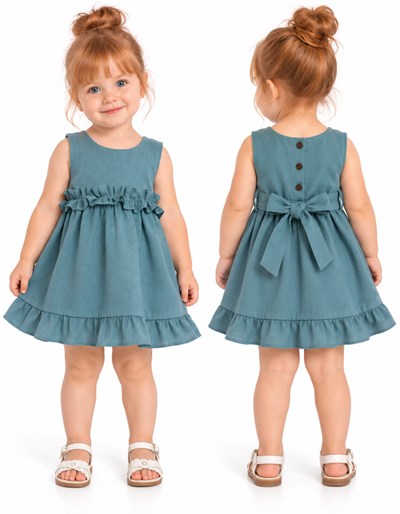 Vestido COLOR PETROLEO beba tusor premium con volados en cintura y ruedo. Labendel