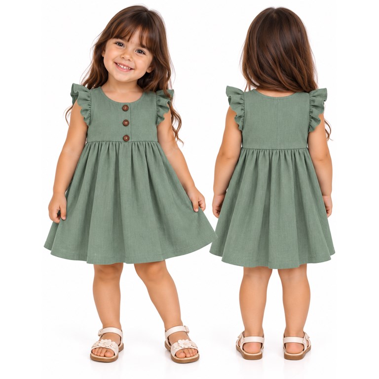 Vestido tusor beba COLOR OLIVA con frunce cintura y colados en manga. Labendel